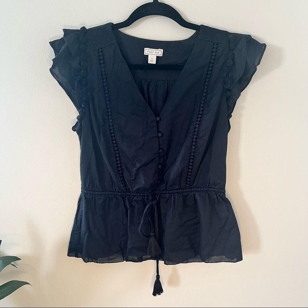 J. CREW POINT SUR Black Ruffled Flutter Sleeve Peplum Cotton Blouse